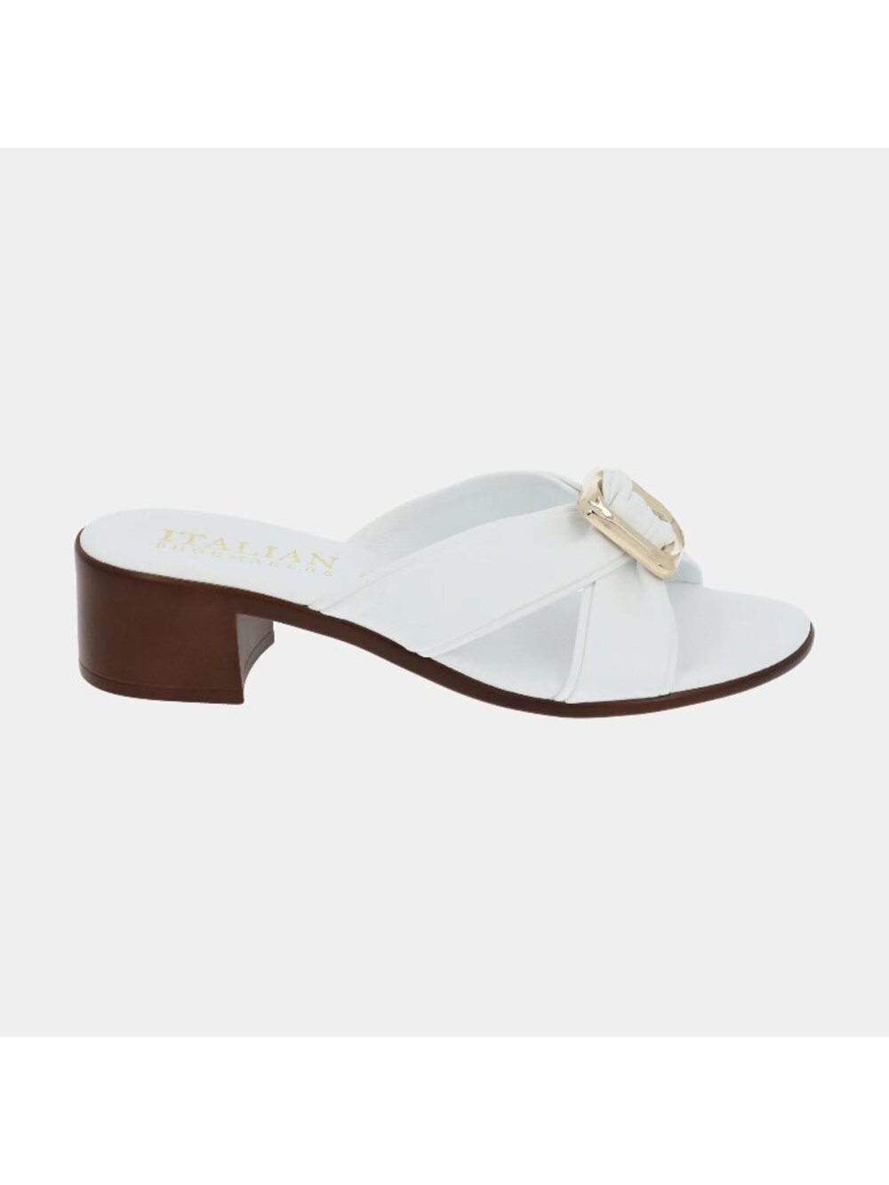 Italian Shoemakers White Slide Sandals Gold Buckle Low Heel Womens Size 8.
